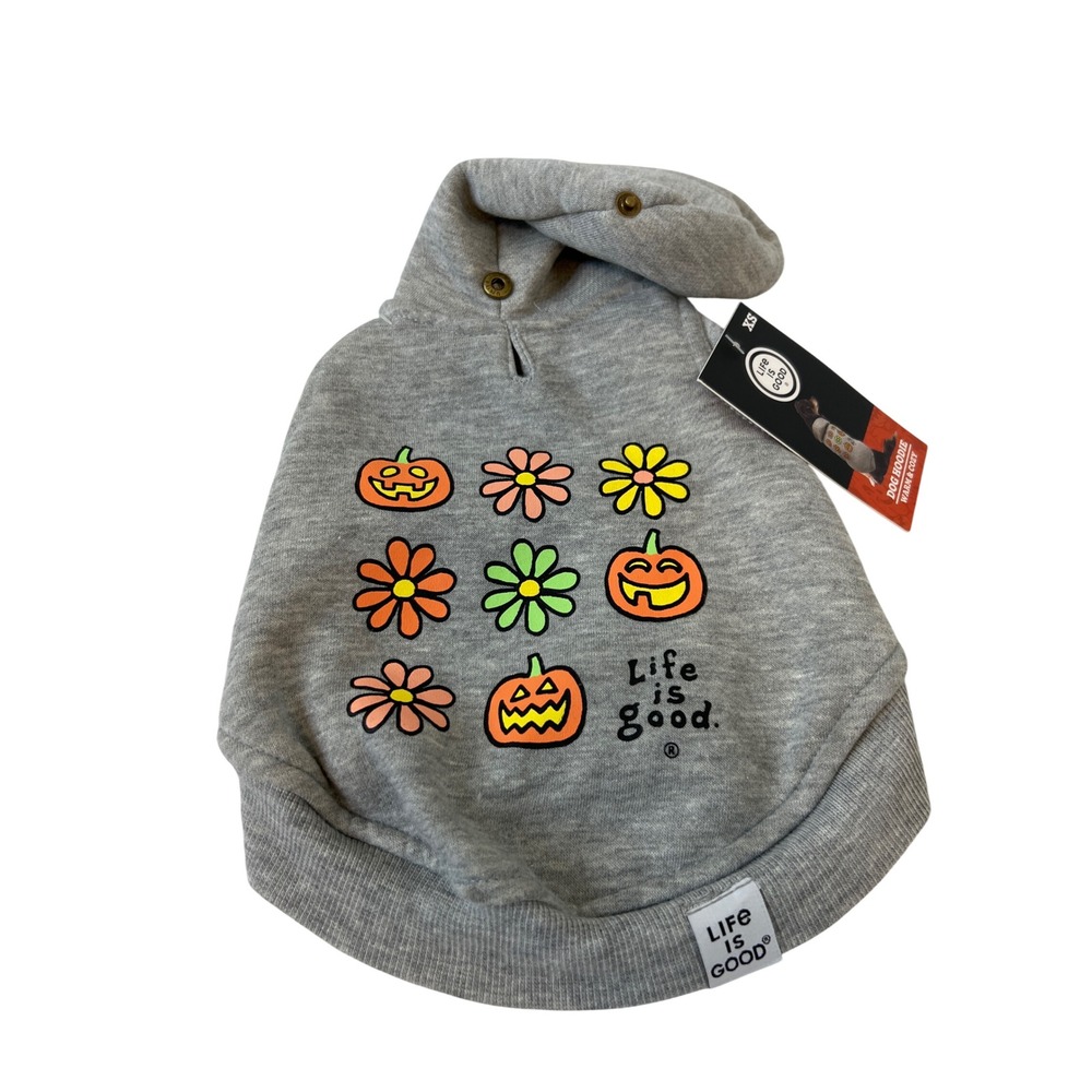 Life is Good Dog Hoodie XS Gray Halloween Pumpkin Flower Fleece Pet Sweatshirt